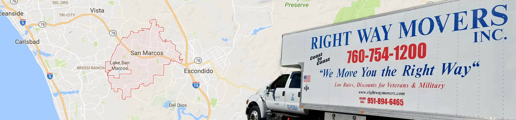 Right Way Movers truck beside a map of the San Marcos, CA area