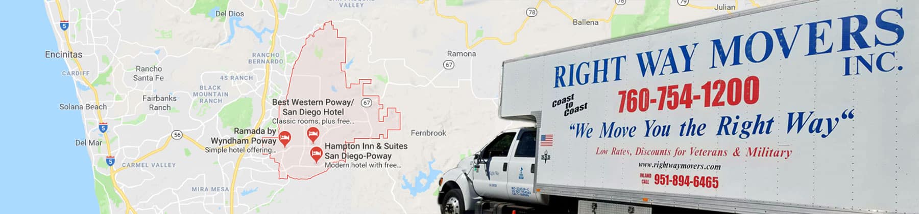 Right Way Movers truck beside a map of the Poway, CA area