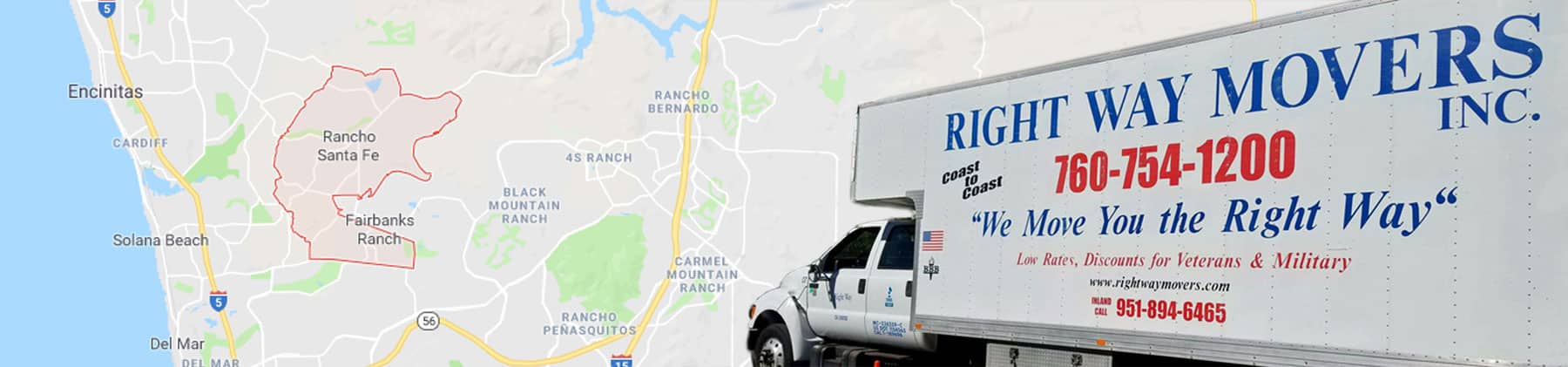 Right Way Movers truck beside a map of the Rancho Santa Fe, CA area